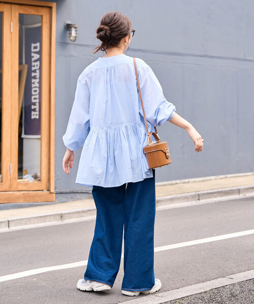 cY59 LIFE WITH FLOWERS ネック ギャザー ブラウス シアー シャツ ブラウス ブラウス 薄手 青 ブルー green label relaxing（グリーンレーベルリラクシング） ブラウス