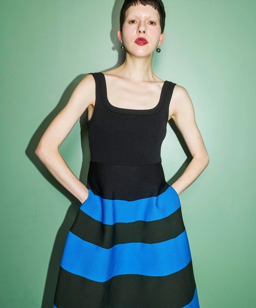 OMMO（オーエムエムオー） ワンピース BODER KNIT SQUARE TANK OP