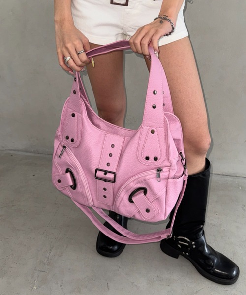 Bamm ショルダーバッグ バッグ ベルトデザインエンボスショルダー Charles&keith ハンドバッグ ピンク ベルトデザイン 紐なし