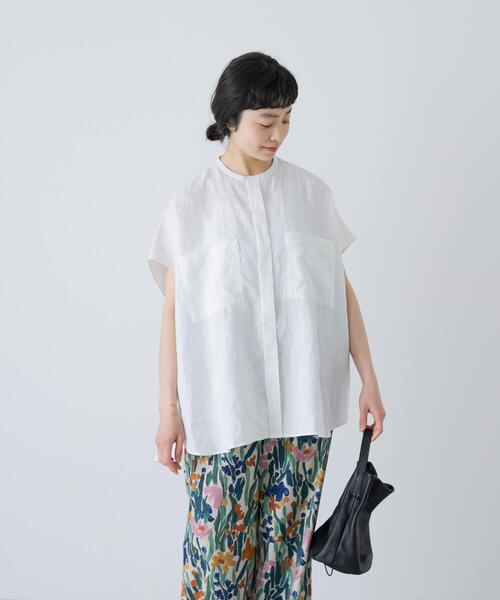 ブラウス シャツ リネンWポケットフレンチシャツ レディースの画像
