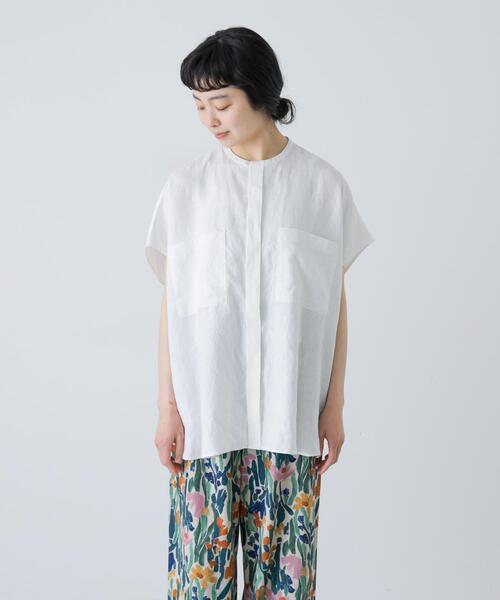 ブラウス シャツ リネンWポケットフレンチシャツ レディースの画像