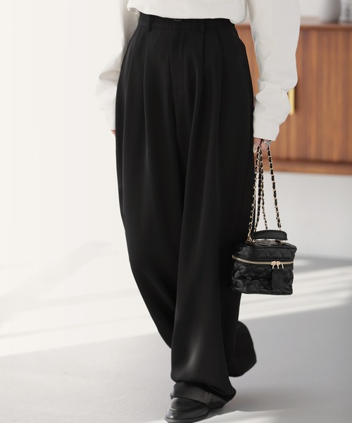 スラックス タック ハイウエスト ストレートパンツ 全3色 b4134 スラックス パンツ ハイウエストカラータックスラックス