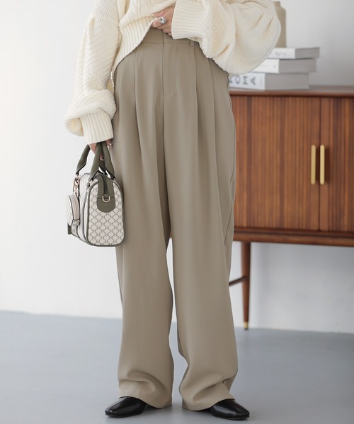 スラックス パンツ ハイウエストカラータックスラックス レディース