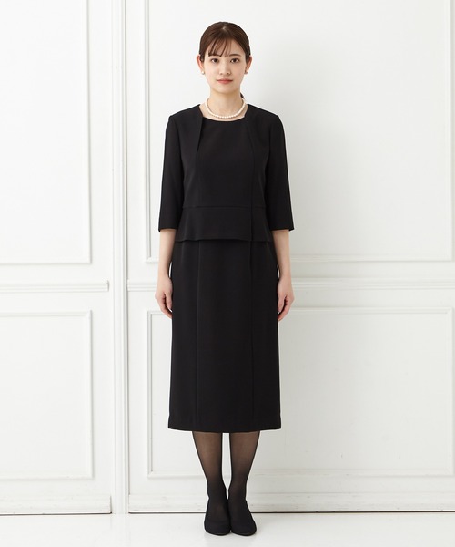 【喪服礼服】スタンドネックジャケット ウエストゴムワンピース ブラックフォーマル AIMER セットアップ 「喪服・礼服」ソフトスタンドネック