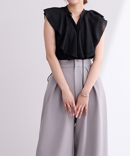 ICB ラッフルデザインブラウス フレンチスリーブ　6（L相当）　接触冷感　美品 ur's ブラウス シャツ ラッフルデザインフレンチスリーブ