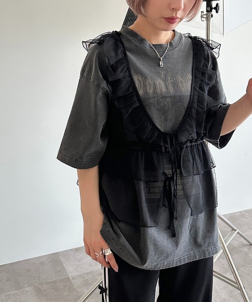 ベスト ジレ チュールベールのジップアップベスト レディース mili an deni ベスト ジレ チュール2段フリルトップス
