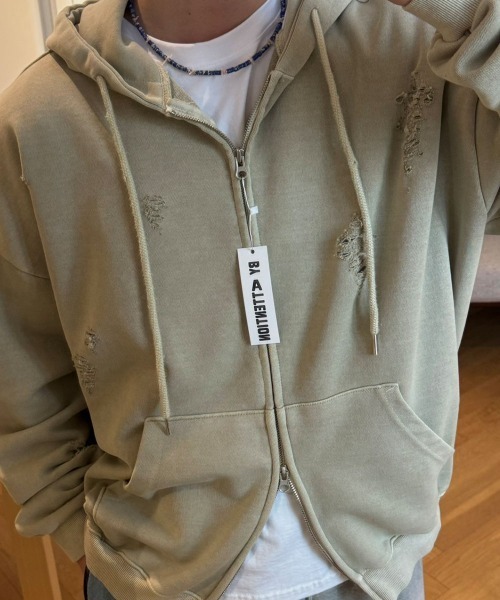 ★Copping Zone★ ダメージ加工 ウォッシュパーカー 送料関税込 BY ATTENTION パーカー 「BY ATTENTION」 クラッシュ ダブル
