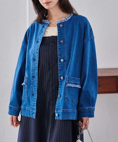 売り切りセール！ノーカラーデニムジャケット　レディース セール☆4990円→3990円 ノーカラーデニムジャケット レディース