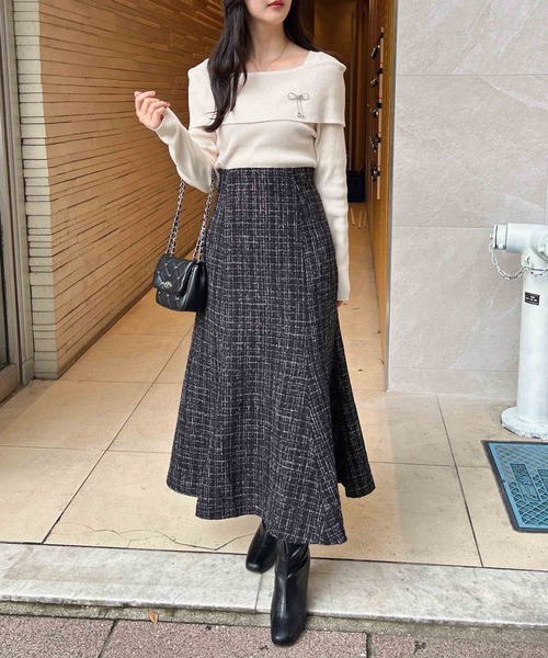aimeine エメイン ツイードスカート マーメイドスカート ネイビー エイミーイストワール eimy istoire バイアスラインデニム