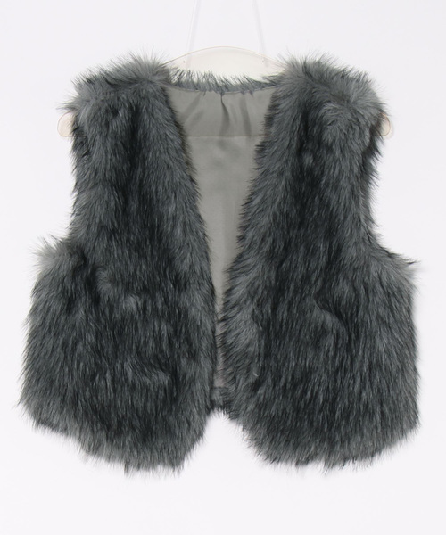 ブラックファーベスト ショート丈 ノーカラー ベスト ジレ ミックスシャギーフェイクファー ショート丈ベスト