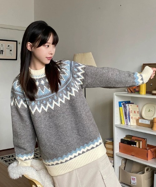 求心柄ジャガードニット レディース トップス 長袖 プルオーバー (ネコポス）ポイント消化 POU DOU ニット セーター 求心柄ジャガードニット レディース