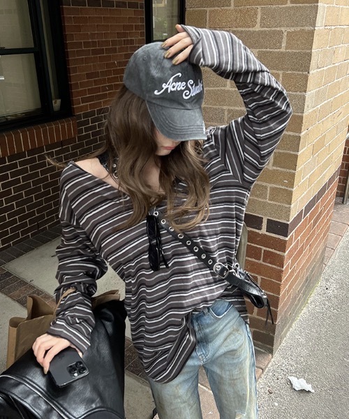 lilful tシャツ オーバーサイズ ボーダー柄 ヘンリーネックワン