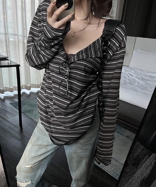 lilful tシャツ オーバーサイズ ボーダー柄 ヘンリーネックワン