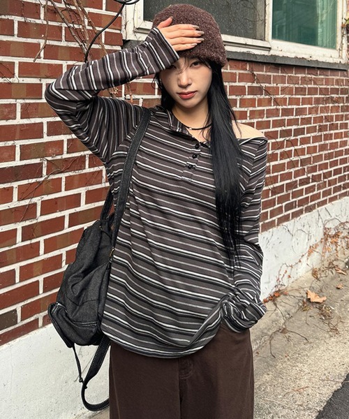 lilful ヘンリーネック tシャツ オーバーサイズ ボーダー柄 ヘンリー