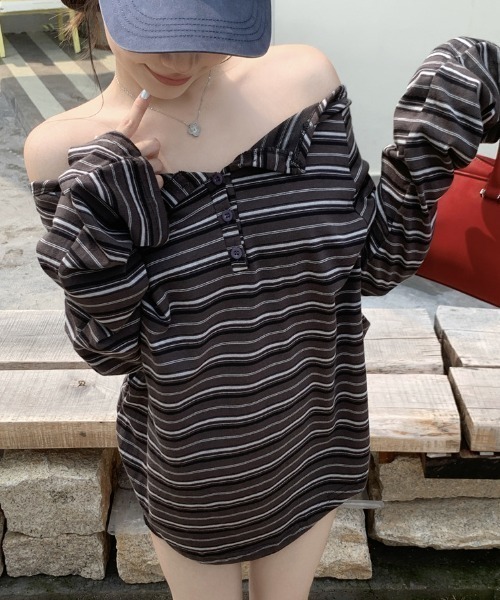 lilful tシャツ オーバーサイズ ボーダー柄 ヘンリーネックワン