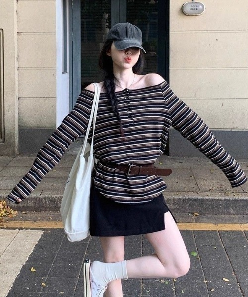 lilful tシャツ オーバーサイズ ボーダー柄 ヘンリーネックワン