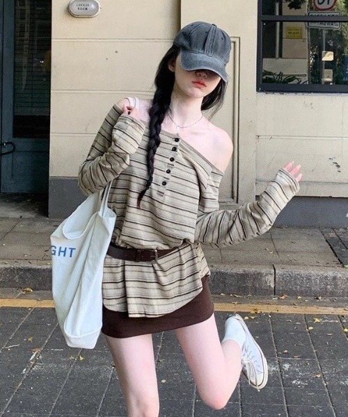 lilful ヘンリーネック tシャツ オーバーサイズ ボーダー柄 ヘンリー