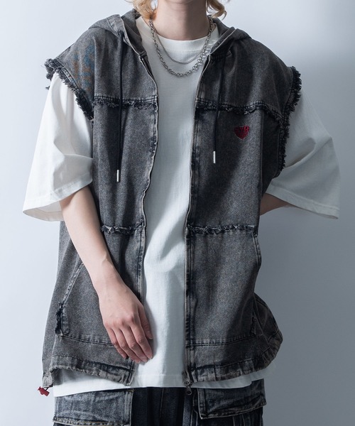 Starting Over ベスト ジレ Fringe denim sleeveless hoodie