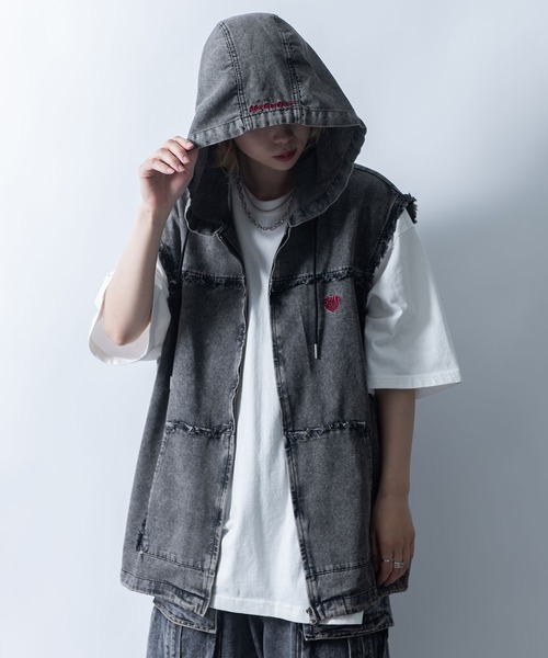 DIESEL デニム調フード付き ノースリーブ パーカー　レディース　メンズ◎ Starting Over ベスト ジレ Fringe denim sleeveless hoodie