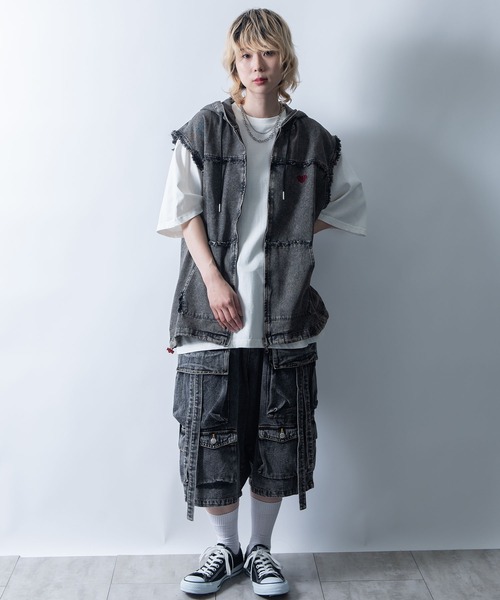 DIESEL デニム調フード付き ノースリーブ パーカー　レディース　メンズ◎ Starting Over ベスト ジレ Fringe denim sleeveless hoodie