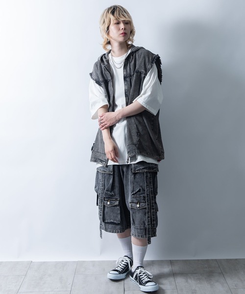 Starting Over ベスト ジレ Fringe denim sleeveless hoodie