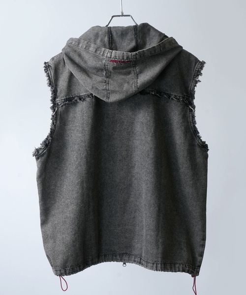 Starting Over ベスト ジレ Fringe denim sleeveless hoodie