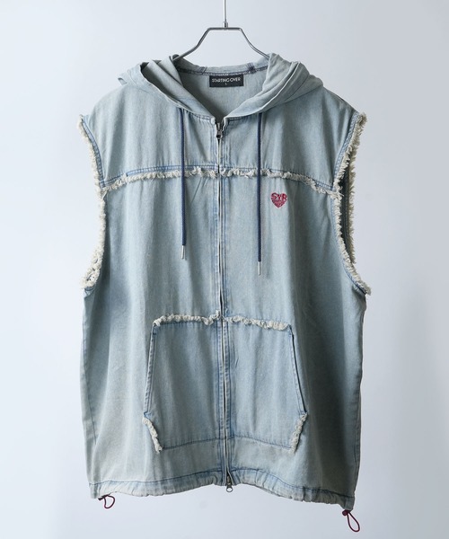 Starting Over ベスト ジレ Fringe denim sleeveless hoodie