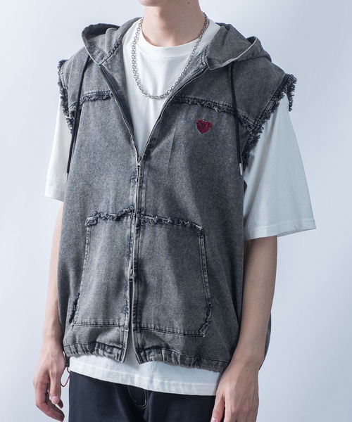 新着 ベスト Over Starting ジレ hoodie sleeveless denim Fringe トップス