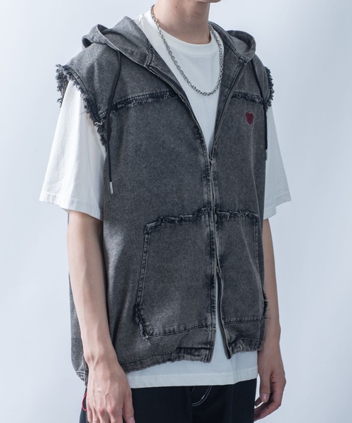 Starting Over ベスト ジレ Fringe denim sleeveless hoodie