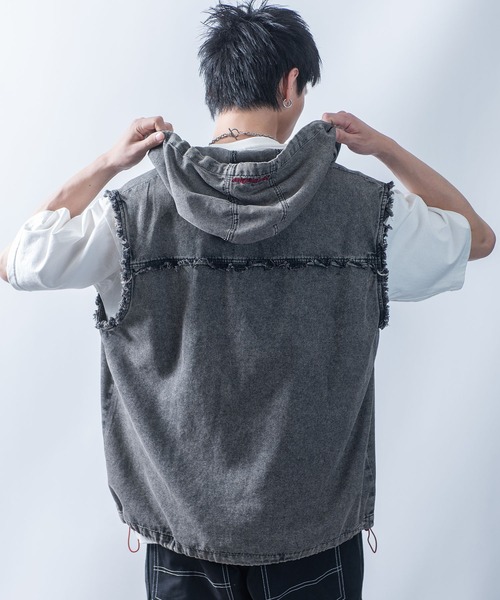 Starting Over ベスト ジレ Fringe denim sleeveless hoodie