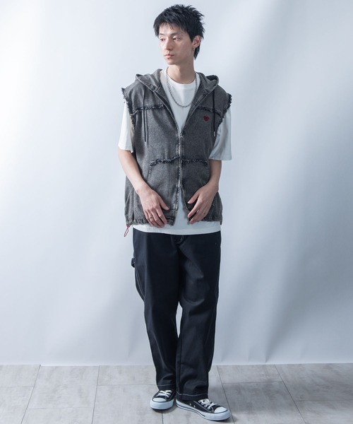 DIESEL デニム調フード付き ノースリーブ パーカー　レディース　メンズ◎ Starting Over ベスト ジレ Fringe denim sleeveless hoodie