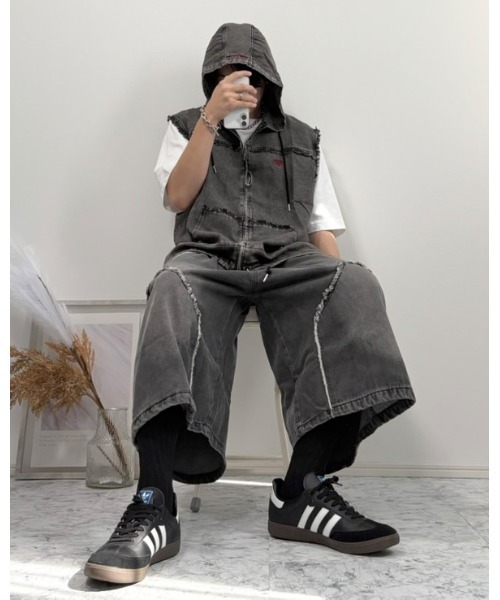 Starting Over ベスト ジレ Fringe denim sleeveless hoodie