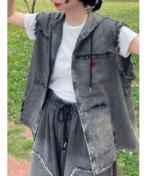 Starting Over ベスト ジレ Fringe denim sleeveless hoodie