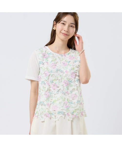 ブラウス シャツ 花柄レースプルオーバー 半袖 レディース