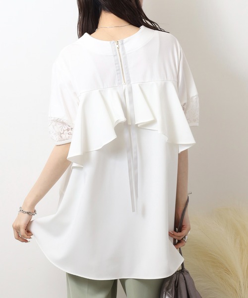 tシャツ EGLANTINE 異素材切り替えバックフレアーカットソー半袖チュニック丈 レディース