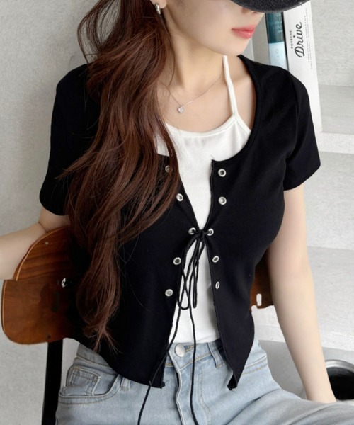 Ada. tシャツ 半袖 レイヤード風 フロント レースアップ カットソー
