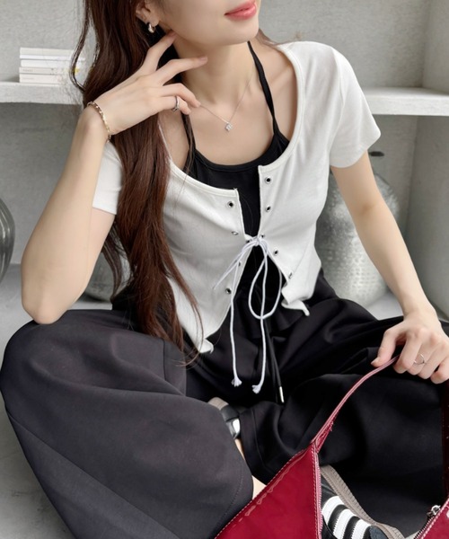 tシャツ レースアップレイヤードカットソー レディース セール】レースアップレイヤードプルオーバー（Tシャツ