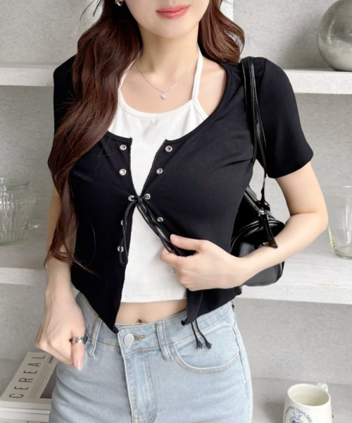 tシャツ レースアップレイヤードカットソー レディース Ada. tシャツ レイヤード風 フロント レースアップ カットソー