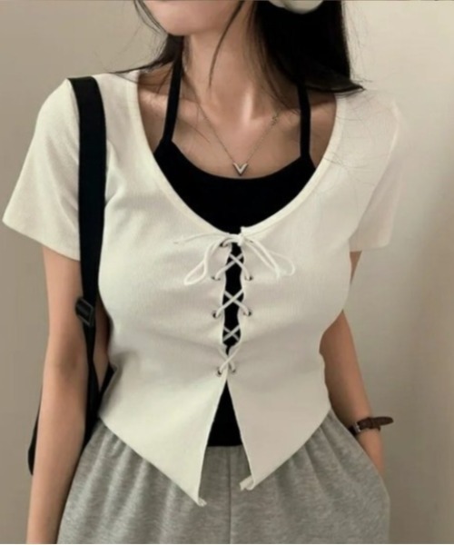 Ada. tシャツ レイヤード風 フロント レースアップ カットソー