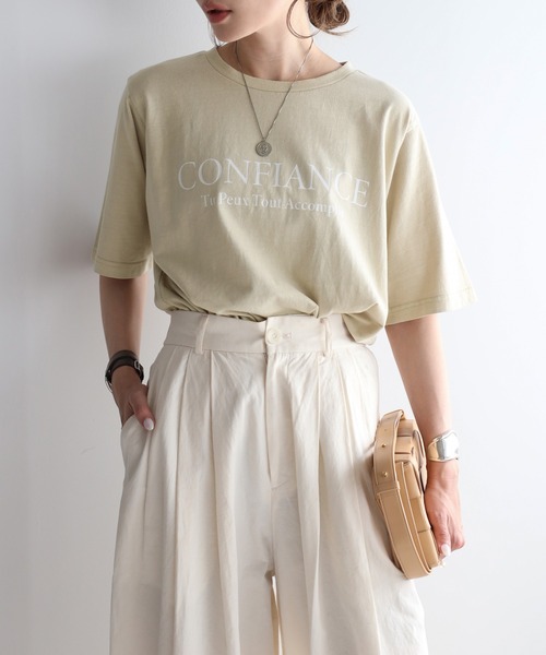 【新品】L)BONJOUR SAGAN CONFIANCEロゴピグメントTシャツ Bonjour Sagan（ボンジュールサガン） tシャツ CONFIANCEロゴ