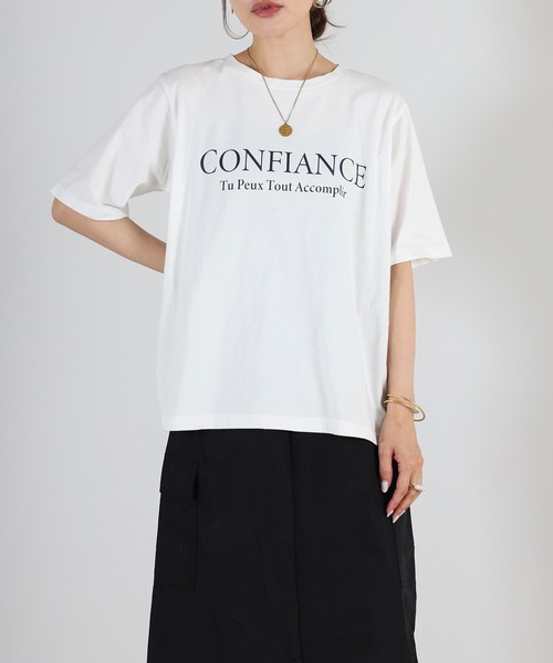【新品】L)BONJOUR SAGAN CONFIANCEロゴピグメントTシャツ Bonjour Sagan（ボンジュールサガン） tシャツ CONFIANCEロゴ