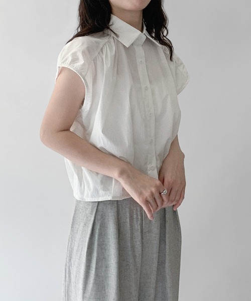 希少✨美品【ヌキテパ】コットン100%フレンチスリーブギャザーブラウス ブルー on：nue ブラウス シャツ 「on:nue」フレンチスリーブギャザー