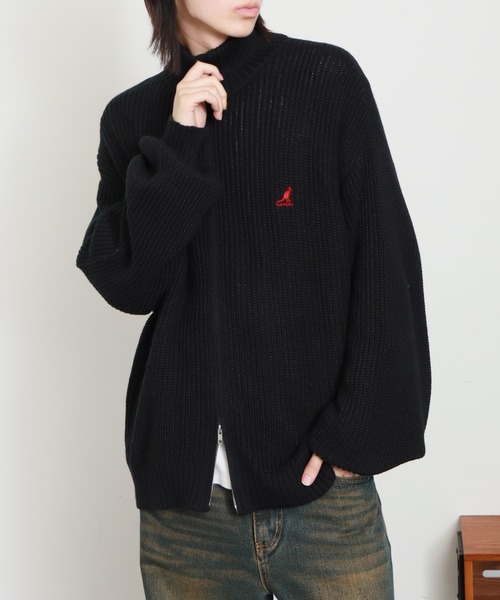 レッドレーベル★ダブルジップ ウール100% ニット ウェア ブラック 総柄 M KANGOL（カンゴール） セーター ニット 「KANGOL/カンゴール」ロゴ刺繍