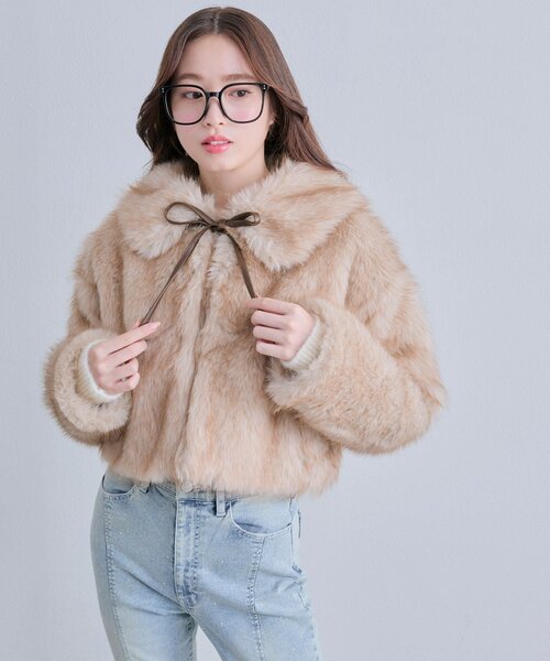 OLIVE des OLIVE リボン付きファーブルゾンコート オフホワイト ♡ リボン付きファーブルゾン | OLIVE des OLIVE(オリーブ デ オリーブ