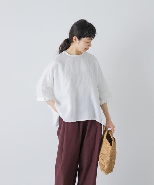 ブラウス シャツ リネンクルーネック半袖シャツ レディースの画像