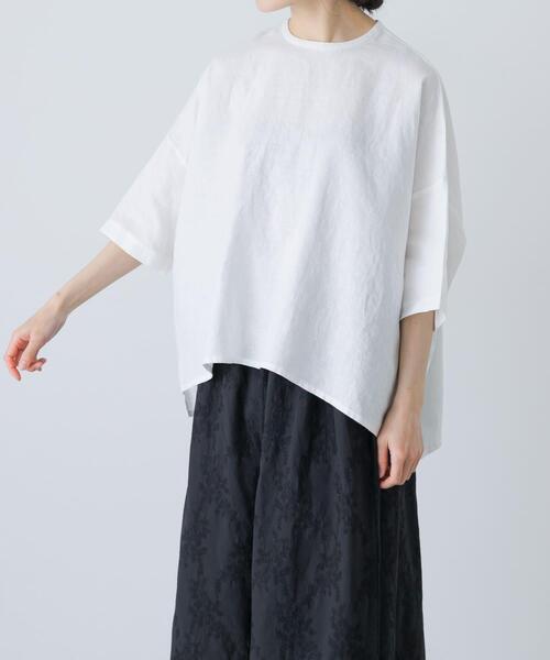 ブラウス シャツ リネンクルーネック半袖シャツ レディースの画像