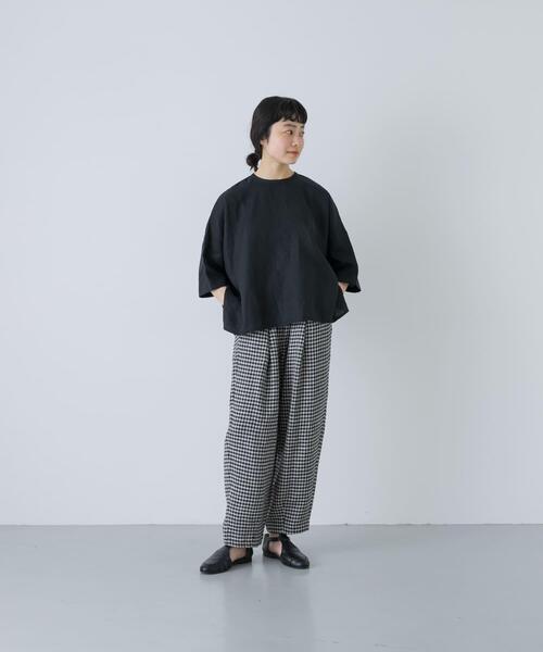 ブラウス シャツ リネンクルーネック半袖シャツ レディースの画像