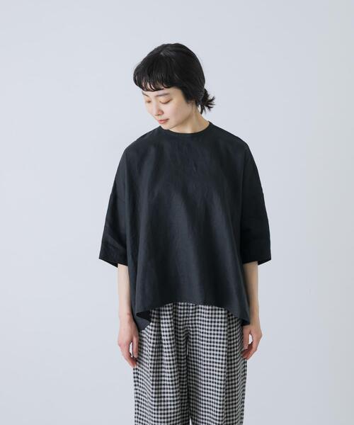 ブラウス シャツ リネンクルーネック半袖シャツ レディースの画像