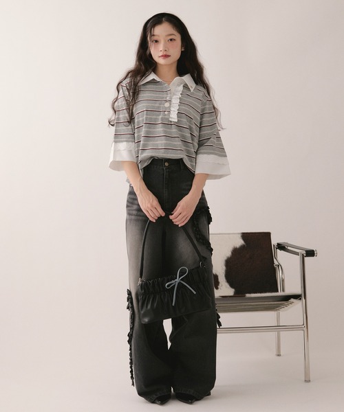 ワイドパンツ ジーンズ デニム デニムパンツ heart frill design denim / ハートフリルデザインデニム レディースの画像
