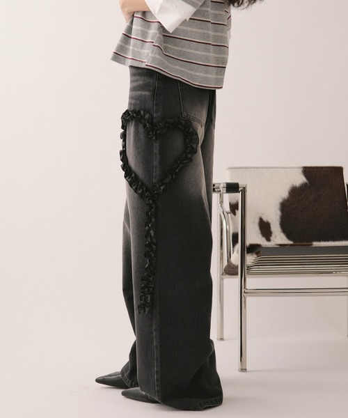 ワイドパンツ ジーンズ デニム デニムパンツ heart frill design denim / ハートフリルデザインデニム レディースの画像